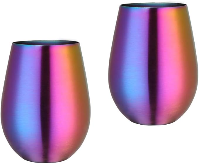 Buyer Star 304 Stainless Steel Wine Glasses Set of 2 - Large 17 oz Outdoor Stemless Wine Tumblers - 100% Unbreakable & Stemless Metal Drinking Cups for Home and Outdoors Dishwasher safe (Rainbow)