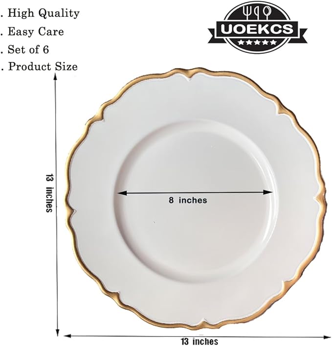 White Scalloped Charger Plates with Gold Rim, 13" Plastic Decoration Charger for Dinner Plates, Wedding, Tabletop Decor(Set of 6)