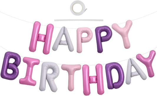 TONIFUL Happy Birthday Balloons Banner with Ribbon Straw, 16 Inch Mylar Foil Letters Birthday Sign Banner Balloon Bunting Reusable for Girls Boys Kids & Adults Birthday Supplies（Pink Purple）