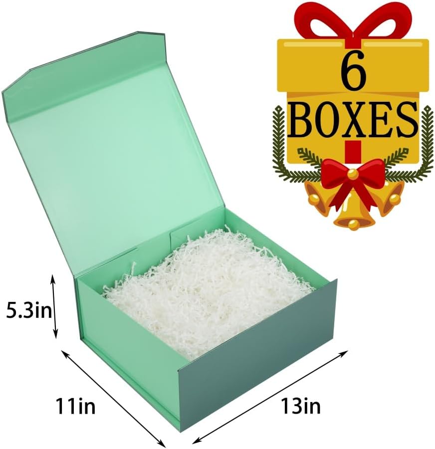 6 Pcs Green Gift Box Large 13x11x5.3 Inch Large Black Gift Box Large Magnetic Gift Box with Crinkle Paper Green Large Gift Box with Shredded Paper Luxury Gift Boxes with Lids for Presents