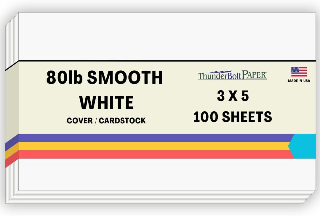 100 Bright White Smooth Card Sheets - 80# Cover Weight - 3" X 5" (3X5 Inches) Photo|Card|Frame Size - 80 lb/pound Quality Paper for Consistency in Print as a Result of the Smooth Finish