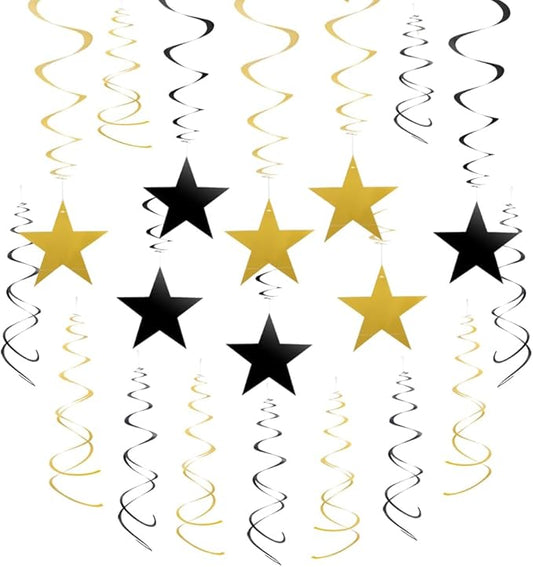 MOWO Gold Black Star Swirl Hanging Decoration for Birthday Graduation Retirement Party Supplies,Pack of 21