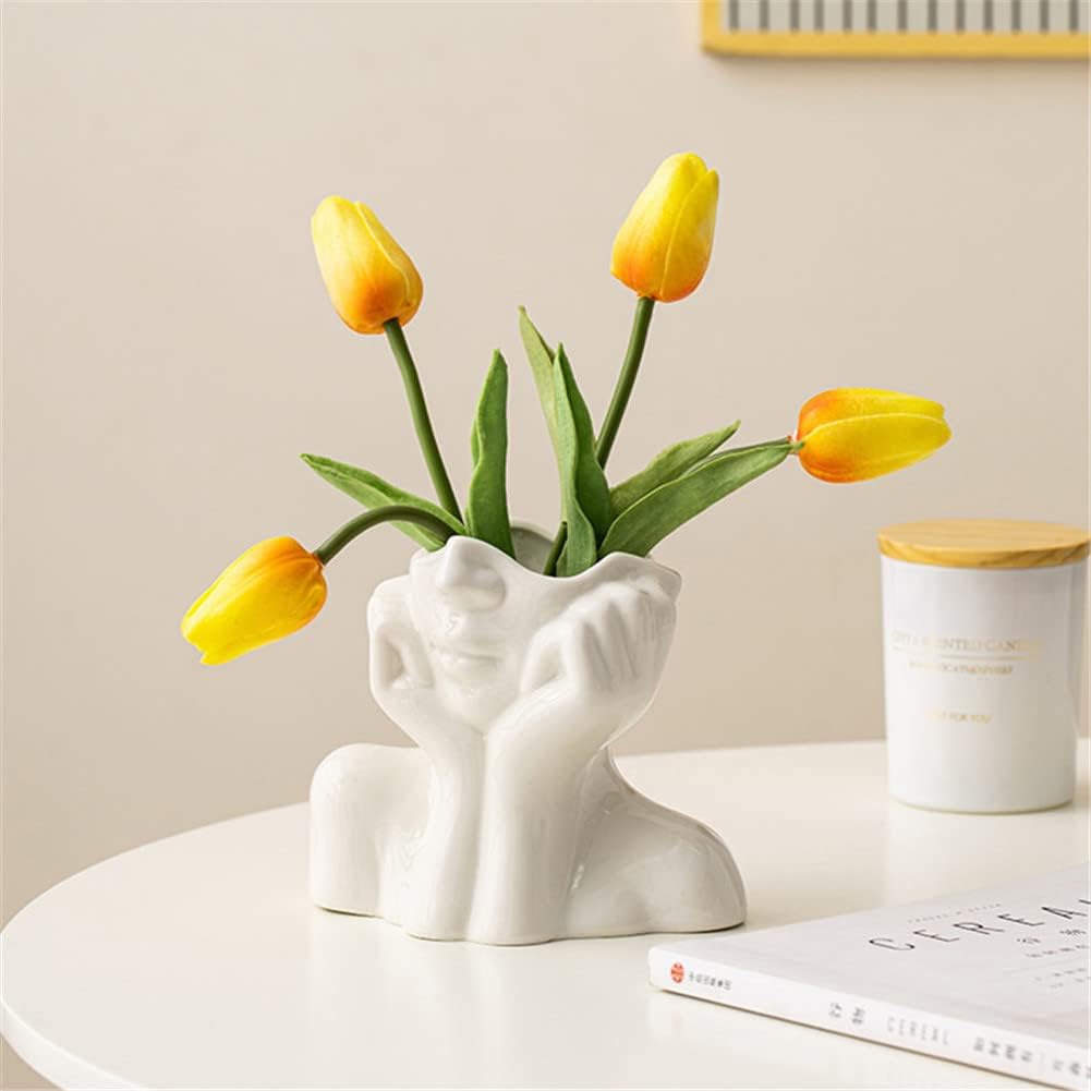White Ceramic Face Vase, Female Form Head Half Body Bust Vases Boho Feminist Minimalism Decorative Modern Nordic Style Flower Vase for Home Living Room Office Book Shelf Decor (Medium)