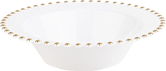 PLASTICPRO 32 Piece Plastic Dinner Plates Bowls Disposable Plastic Fancy Heavy Duty Party Dishes 12 oz White and Gold Bead Bowls