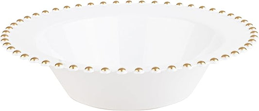 PLASTICPRO 32 Piece Plastic Dinner Plates Bowls Disposable Plastic Fancy Heavy Duty Party Dishes 12 oz White and Gold Bead Bowls