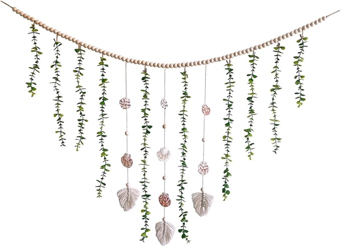 Artificial Eucalyptus Wooden Bead Garland Hanging Ornament with Leaf Vines for Bedroom Wall Decor Lightweight Rustic Farmhouse Style Vines Decoration