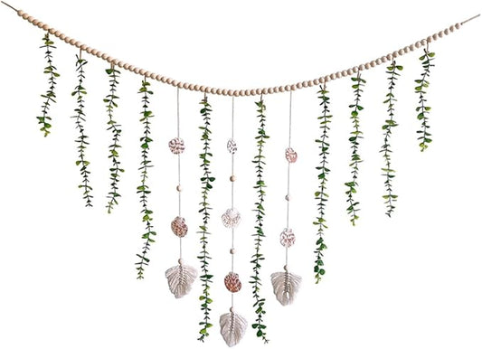 Artificial Eucalyptus Wooden Bead Garland Hanging Ornament with Leaf Vines for Bedroom Wall Decor Lightweight Rustic Farmhouse Style Vines Decoration