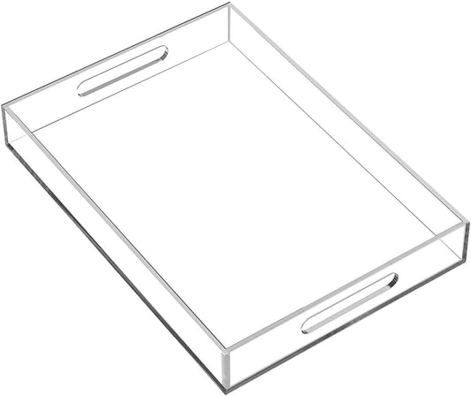 Durable Rectangular Breakfast Serving Tray - 5MM Thick Waterproof Acrylic Serving Platter with Handles for Coffee, Tea, Food - Elegant Decorative Tray (Clear Tray-16''x12'')