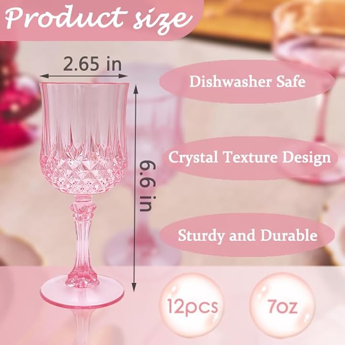 Plastic Wine Glasses, Plastic Goblets Vintage Style Cordial Unbreakable Drinking Glasses,Reusable Drinkware for Wedding Reception, Grand Event Party Supplies, Easter (12, Pink)