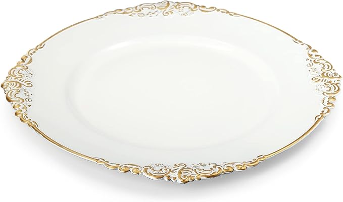 Okllen 12 Pack Plastic Round Charger Plates, 13" Dinner Charger Dessert Plates with Gold Rim, Vintage Charger Serving Plates for Catering, Wedding, Tabletop Decor, White, Floral Trim