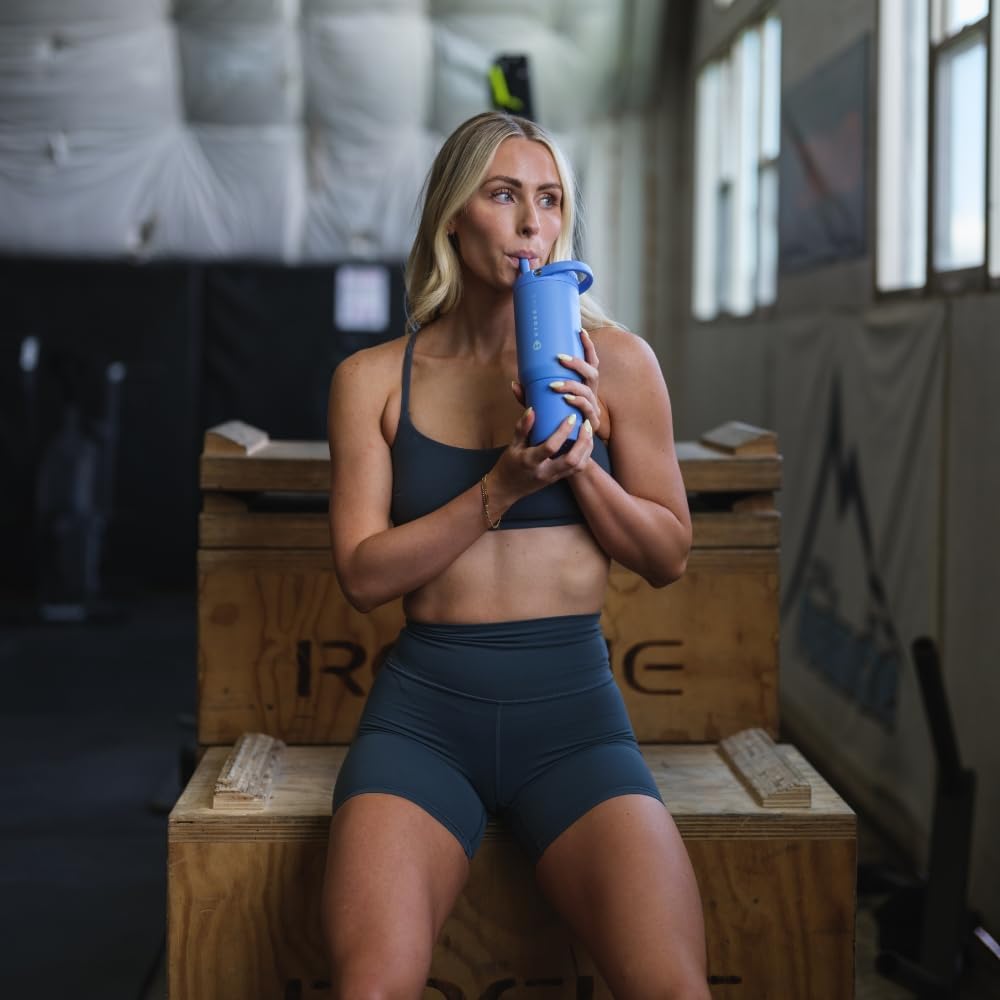HydroJug Sport - Stainless Steel Tumbler with Straw, Vacuum Insulated, 20oz Leakproof Water Bottle, Ergonomic Design, Reusable, Dishwasher Safe, Rubber Base, Durable for Gym or Outdoors, Light Blue