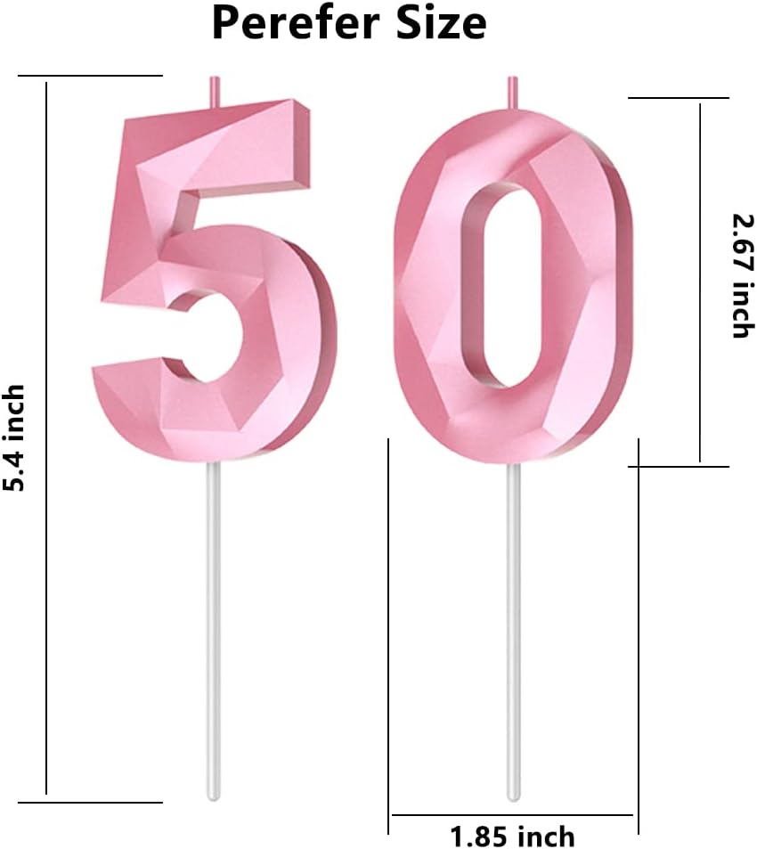 Number Birthday Candles(50 Candle Pink) 3D Diamond Shape 50th Happy Birthday Cake Topper Decorations for Women Men Birthday Wedding Anniversary Celebration Theme Party Supplies