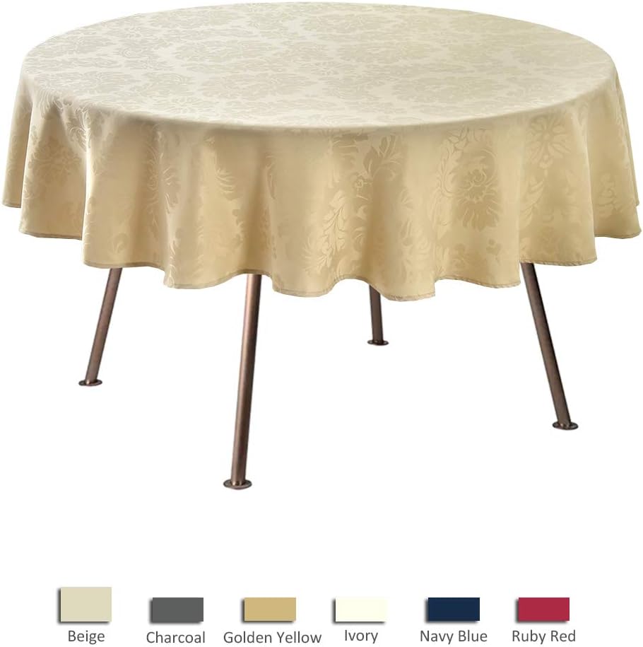 maxmill Round Jacquard Tablecloths Damask Design Spillproof Wrinkle Free Heavy Weight Soft Table Cloth for Circular Table Cover of Buffet Banquet Parties Holiday Dinner Round 90 Inch Beige