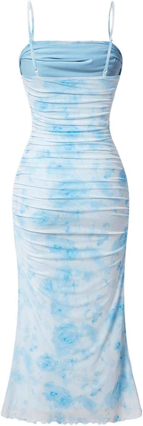GORGLITTER Women's Floral Ruched Bodycon Midi Dress Mesh Sleeveless Fishtail Cami Dresses