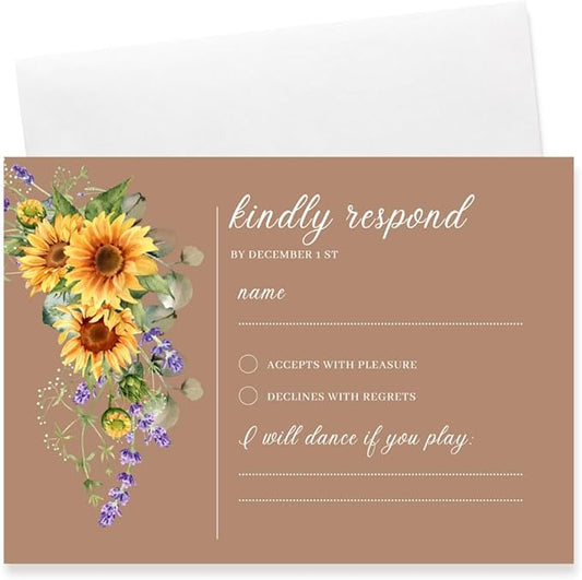 Preprinted Purple and Yellow Sunflower Wedding or Party RSVP Cards, Personalized Response Card Glossy Finish With White Envelopes, Set of 15 with Envelope, 5x3.5 inch Cards (Brown)