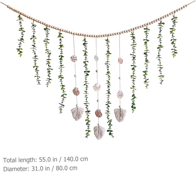 Wooden Bead Hanging Garland with Simulated Eucalyptus Leaves and Shells Lightweight Pastoral Wall Decor for Home Party Window Bedpost Shelf Photo Prop Boho Rustic Style