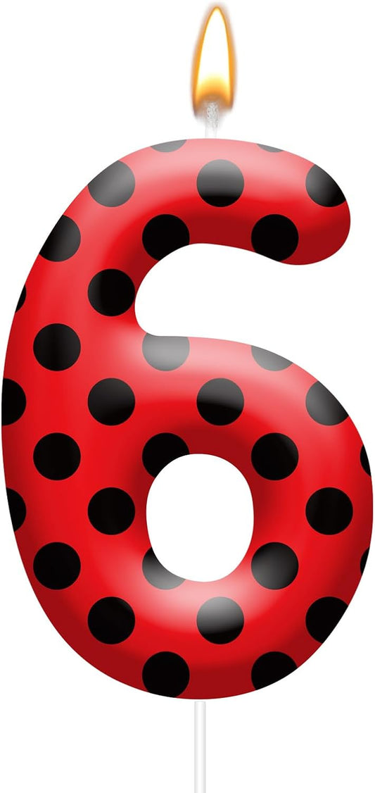 Ladybug Theme Birthday Candles - Red & Black Polka Dot Decorative Candles for Kids Ladybug Themed Parties, Baby Showers, Birthday Cakes, and Ladybird Inspired Celebrations(Number 6)