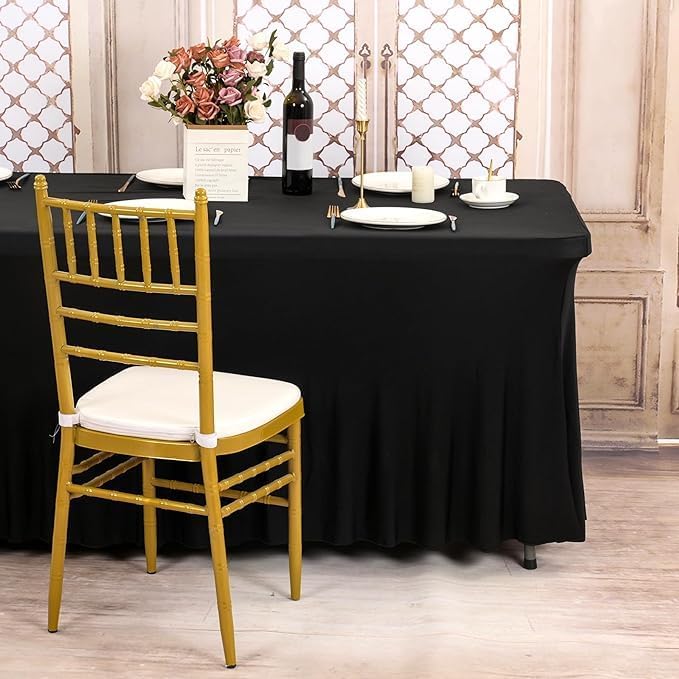 CoFashion Black 8ft x 30" Rectangular Spandex Table Cover with Wrinkle-Resistant Ruffles, One-Piece Table Covers for Wedding, Banquet, Birthday Parties