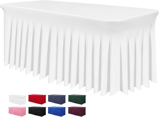 Table Skirt for 4 Foot Tables - One-Piece White Tablecloths and Skirt, Wrinkle Resistant Ruffles Elastic Cover for Banquets, Weddings, Events, Parties