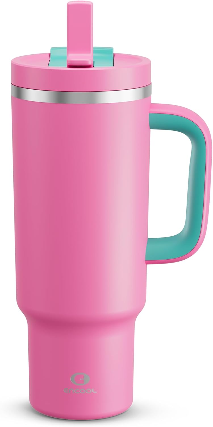 40 oz Tumbler with Handle and Straw: Stainless Steel Insulated Tumbler Keeps Cold for 24 Hours, Leakproof Travel Cup Fits in Cup Holder and BPA-Free,Light Crimson