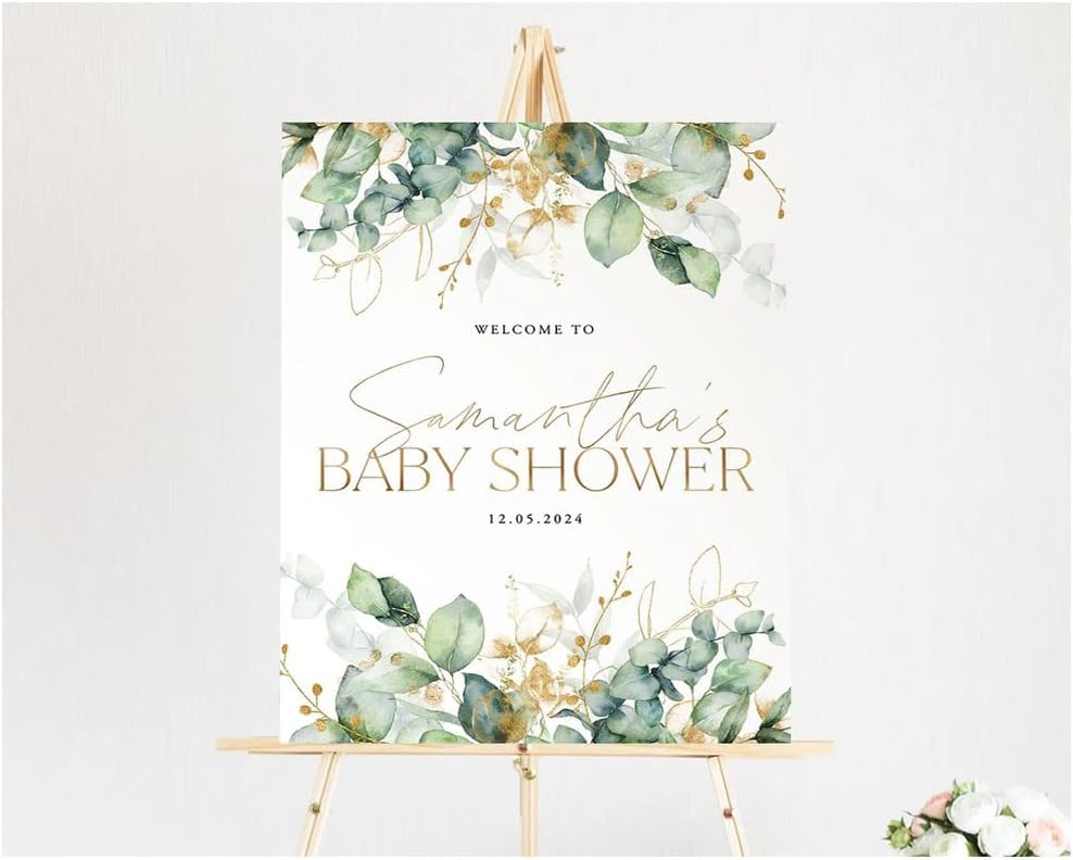 Greenery Gold Personalized Baby Shower Sign, Welcome to Baby Party Sign, Printable Eucalyptus Greenery Welcome Sign, Editable Greenery Baby Shower Sign Decoration, Gender Neutral Baby Shower Signs, Plastic Sign.