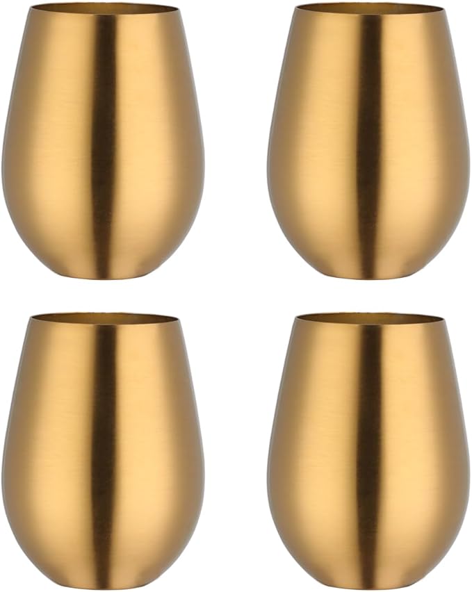 Buyer Star 304 Stainless Steel Wine Glasses Set of 4 - Large 17 oz Outdoor Stemless Wine Tumblers - 100% Unbreakable & Stemless Metal Drinking Cups for Home and Outdoors Dishwasher safe (Gold)