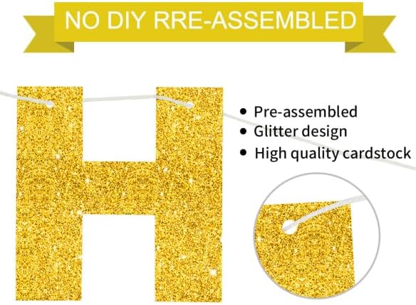 BEISHIDA Gold Happy Birthday Banner - Pre-Strung, No DIY, Birthday Sign - Banner for Women, Kids Decor, Backdrop