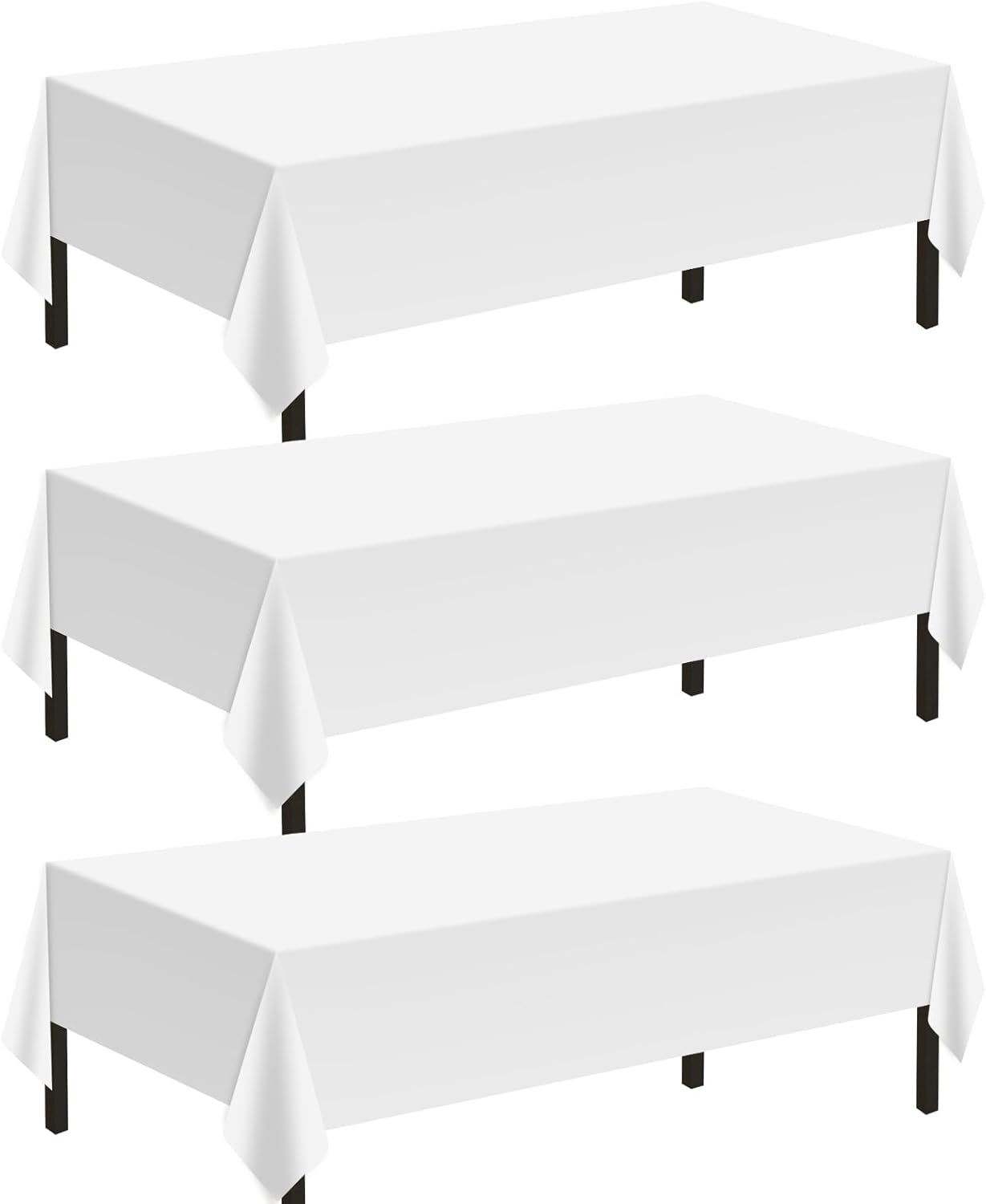 Childom 3 Pack Plastic Tablecloths for Rectangle Tables 54" x 108" White Disposable Table Cloths for 6 to 8 Foot Tables Indoor or Outdoor Parties Birthday Wedding Christmas Anniversary Buffet Table