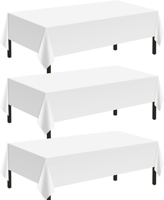 Childom 3 Pack Plastic Tablecloths for Rectangle Tables 54" x 108" White Disposable Table Cloths for 6 to 8 Foot Tables Indoor or Outdoor Parties Birthday Wedding Christmas Anniversary Buffet Table