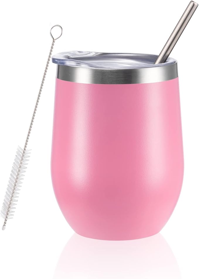 12 oz Insulated Wine Tumbler with Lid and Straw,Stainless Steel Stemless Wine Tumbler Glasses Double Wall Vacuum Wine Cups Tumbler Bulk for Coffee,Champaign,Cocktail,Office（Pink,1）