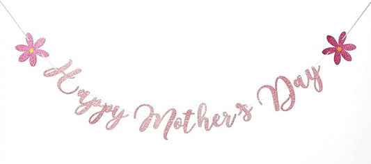 Happy Mother's Day Banner Set Decoration for Mother's Day Party Decorations Backdrop Garland for Mom Glitter Garland Photo Props Rose Gold Pink Flower
