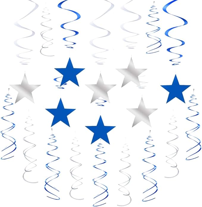 MOWO Silver Blue Star Swirl Hanging Decoration for Birthday Graduation Retirement Winter Bachelor Theme Party Supplies, Pack of 20