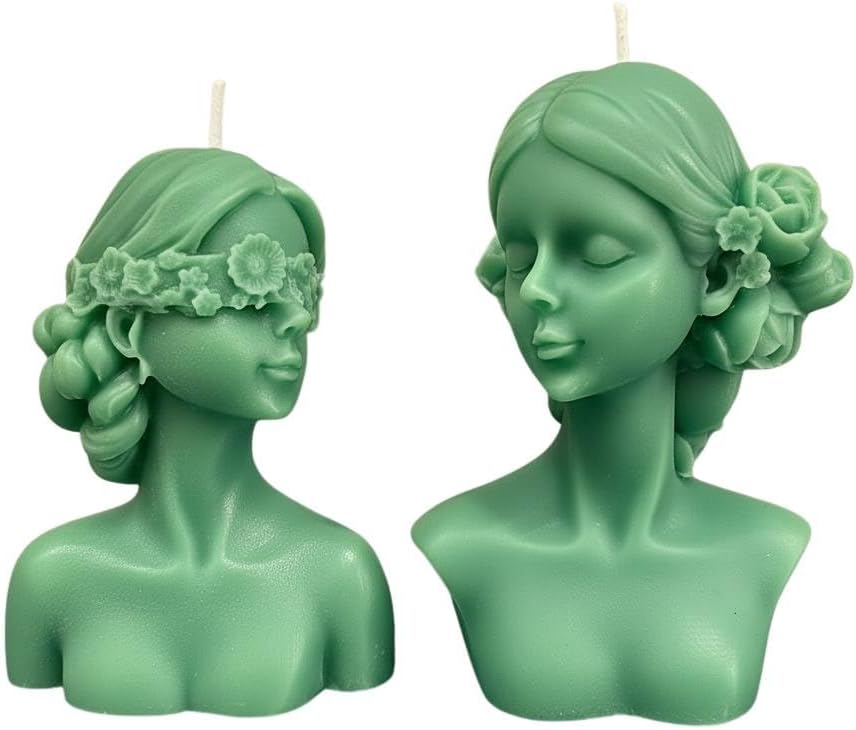 Handmade Bust Candle Set of Two – Elegant Goddess Sculpture Candle – Decorative Home Décor & Unique Gift (Green)
