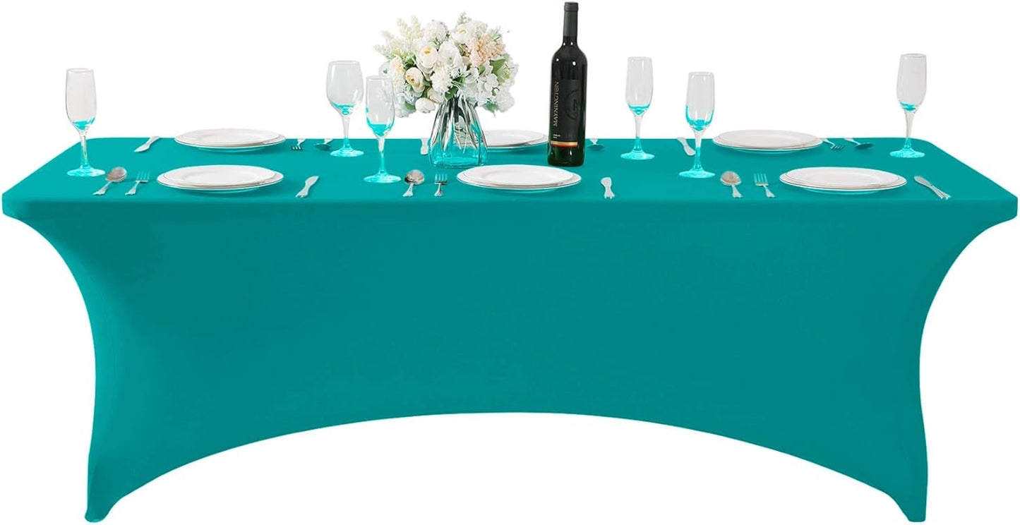 SuperO 2Pack Waterproof Spandex Table Cover for 8FT Table Universal Fitted Stretch Tablecloth for Party, Banquet, Wedding and Events-Turquoise