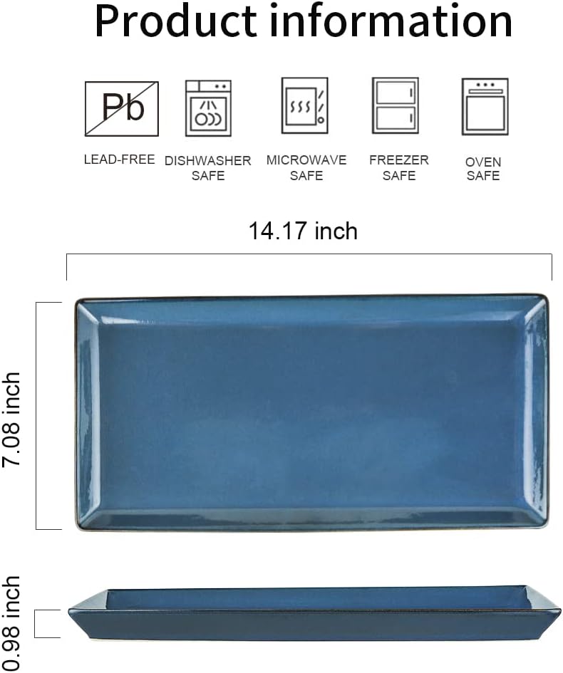 Ceramic Serving Tray, 14 Inches Large Serving Platter, Rectangular Serving Tray, Porcelain Serving Plates, Ceramic Serving Dishes for Dinner, Party, Sushi, Dessert, Food, Set of 4 (Stone Blue)