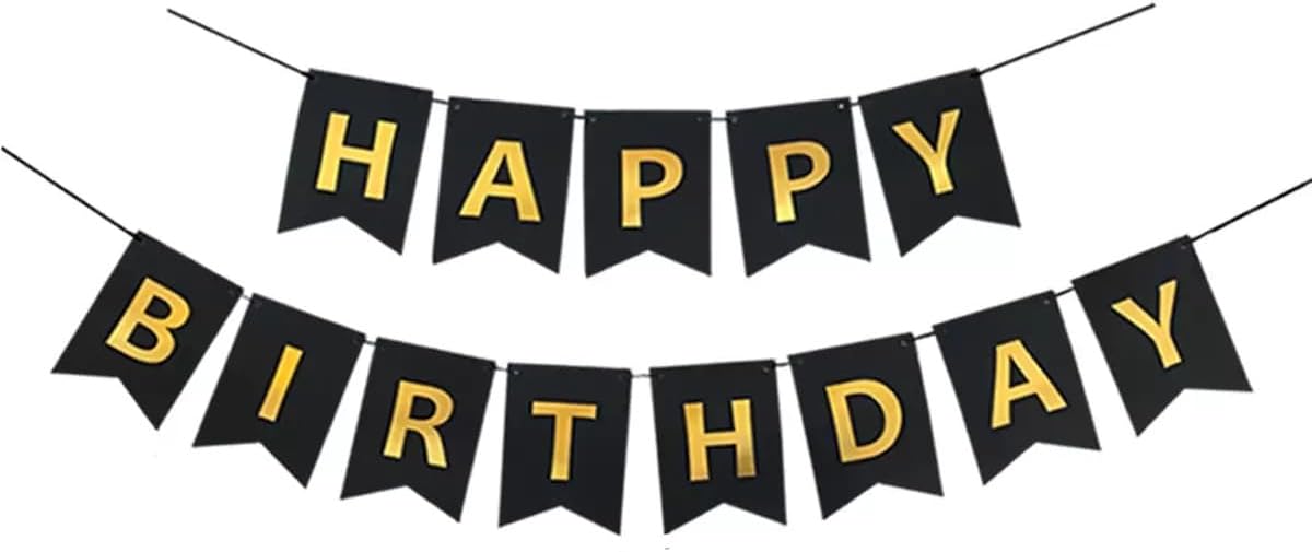 Black Happy Birthday Banner - Large Gold Lettered Decor for Birthday Party, Reusable Black & Gold Party Supplies for Boys, Girls, Men, Women