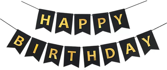 Black Happy Birthday Banner - Large Gold Lettered Decor for Birthday Party, Reusable Black & Gold Party Supplies for Boys, Girls, Men, Women