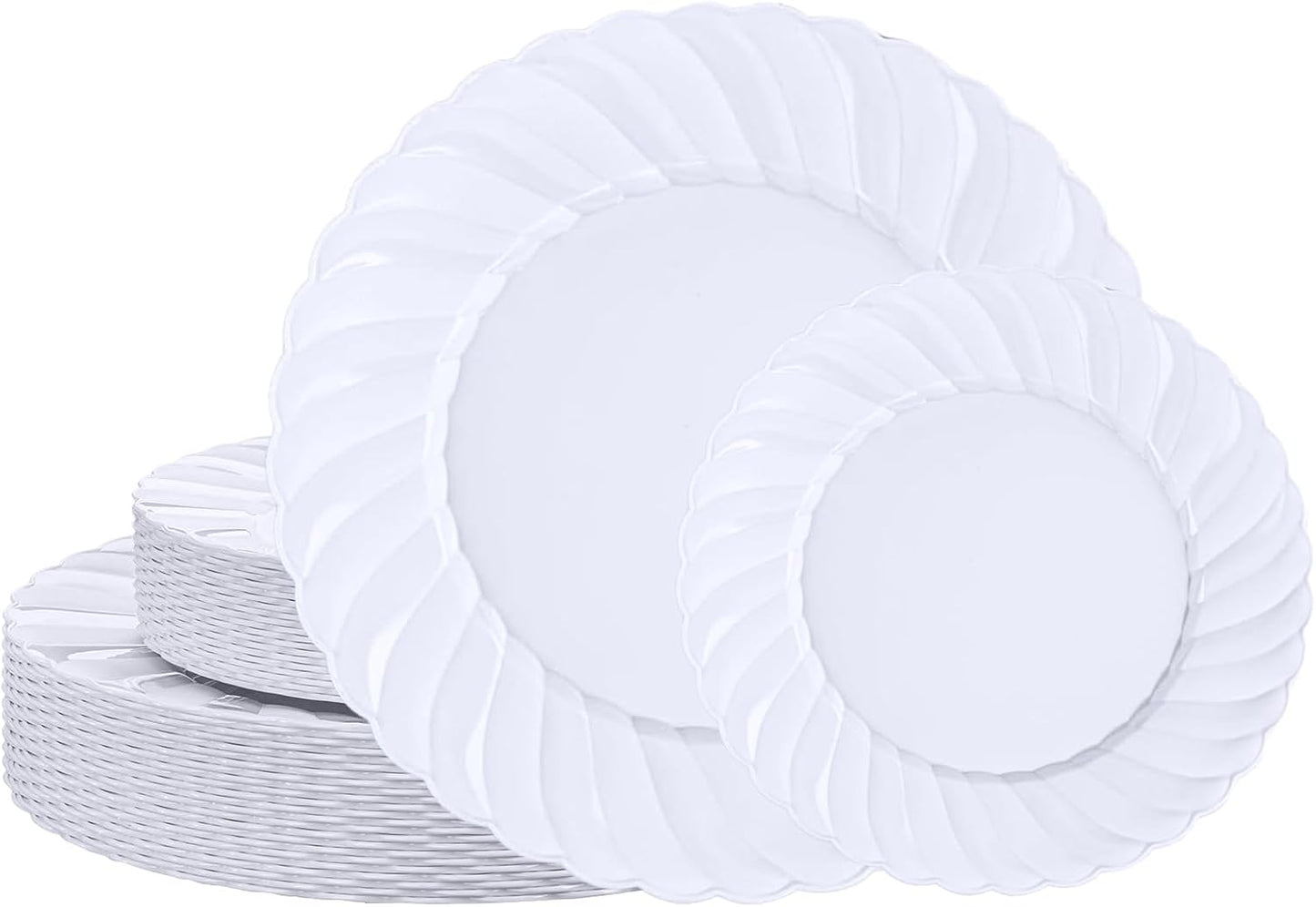 U-QE 60 Pcs White Plastic Plates for Party – Scalloped Plastic Plates Heavy Duty & Elegant – Include 30 10" Dinner & 30 7" Dessert Plate - Perfect for Weddings, Bridal Showers and Parties