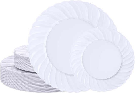 U-QE 60 Pcs White Plastic Plates for Party – Scalloped Plastic Plates Heavy Duty & Elegant – Include 30 10" Dinner & 30 7" Dessert Plate - Perfect for Weddings, Bridal Showers and Parties