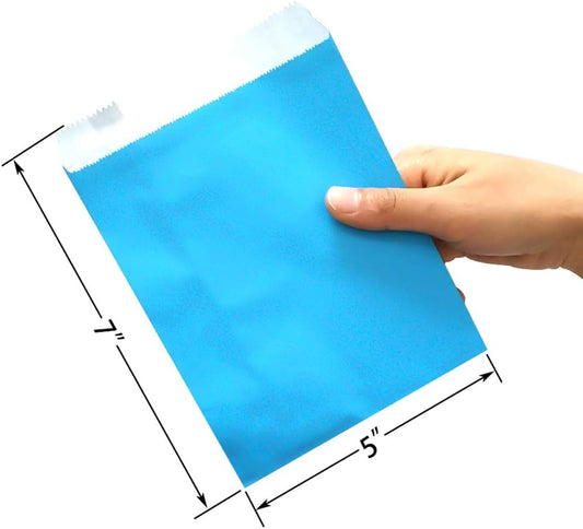 AZOWA 100 CT Small Paper Treat Sacks Blue 5 x 7 Inches Candy Buffet Bags for Party
