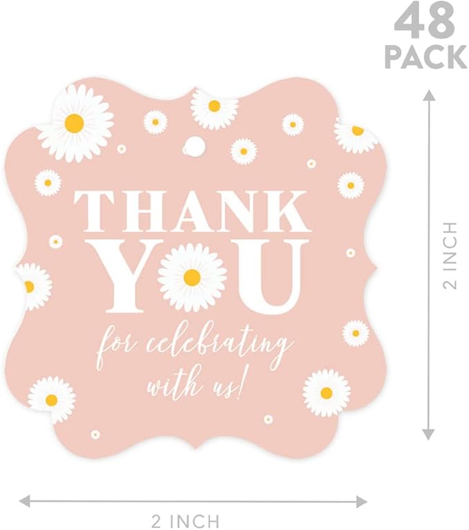 Andaz Press Fancy Frame Kids Party Favor Thank You Tags with String - 48-Pack Daisy Birthday Gift Tags for Favor Bags, Goody Bags, Gift Box, Girls, Baby Shower 1st Birthday Party Favors