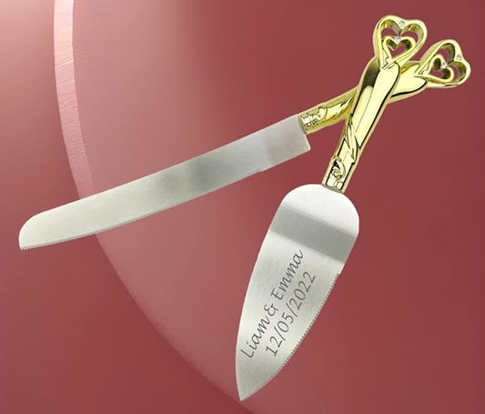 GIFTS INFINITY Personalized Gold Interlock Hearts Wedding Cake Knife and Server Set with Engraving – Keepsake Gift for Wedding, Anniversary, Reception, Birthday & Other Occasions (2541-PU)