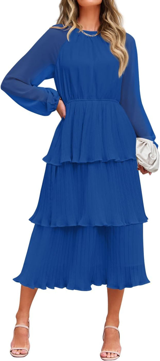 ZESICA Women's 2025 Long Sleeve Crew Neck Ruffle Tiered Layered Chiffon Flowy Swing Long Midi Dress