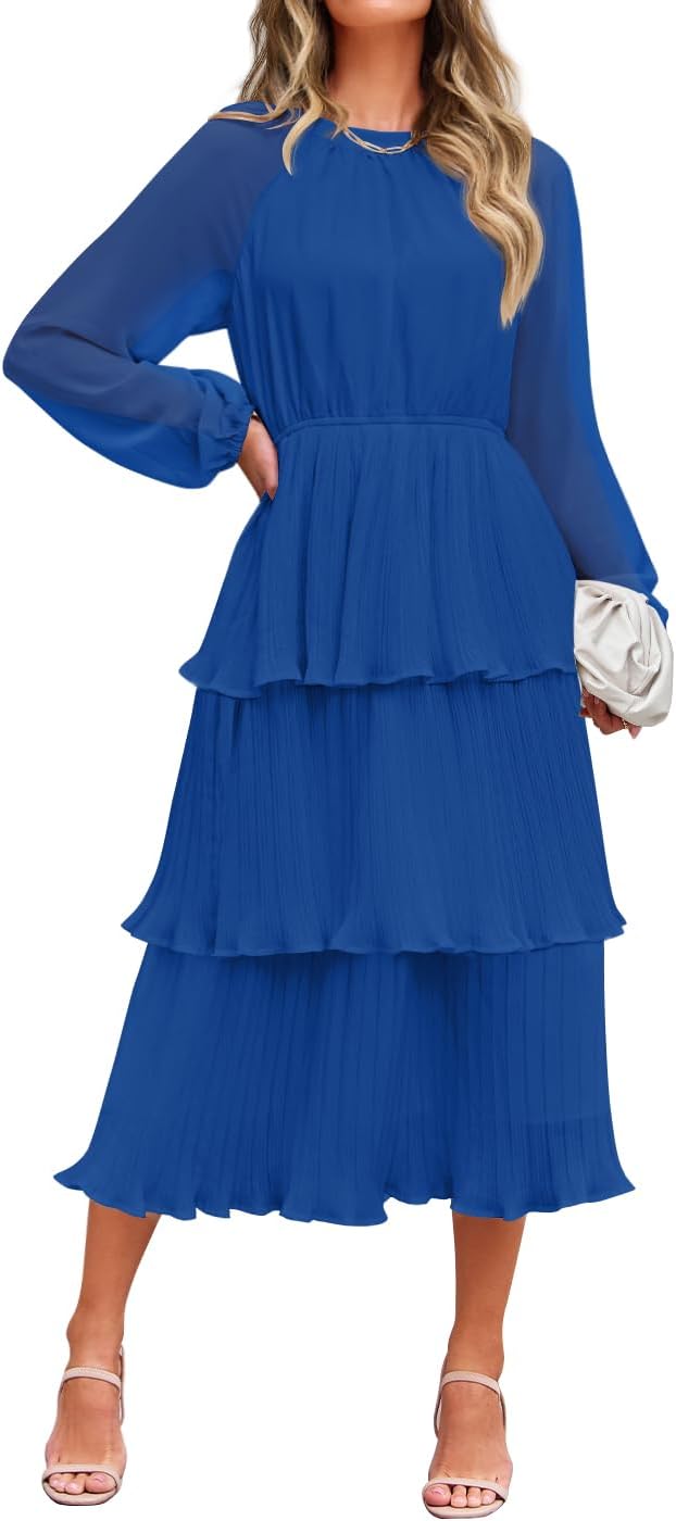 ZESICA Women's 2025 Long Sleeve Crew Neck Ruffle Tiered Layered Chiffon Flowy Swing Long Midi Dress