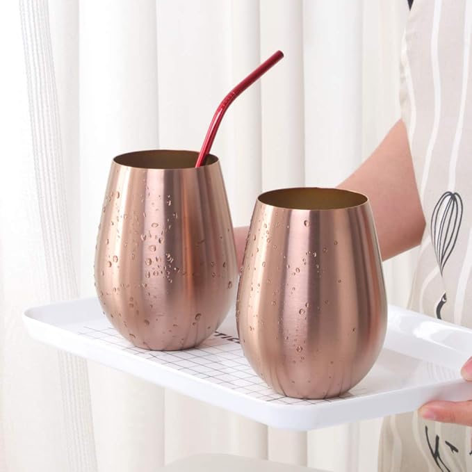 Buyer Star 304 Stainless Steel Wine Glasses Set of 2 - Large 17 oz Outdoor Stemless Wine Tumblers - 100% Unbreakable & Stemless Metal Drinking Cups for Home and Outdoors Dishwasher safe (RoseGold)