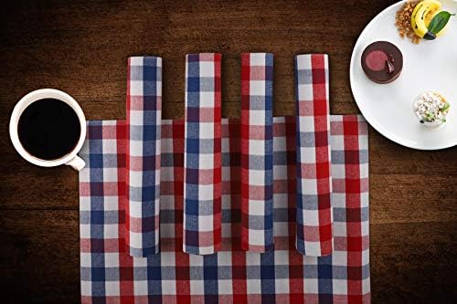 Urban Villa July 4th Placemats for Dining Table Patriotic Placemats 100% Cotton (Set of 6) 14''x20'' Oversized Tablemats for Family Dinner Parties (Red/Blue/White Buffalo Checks)