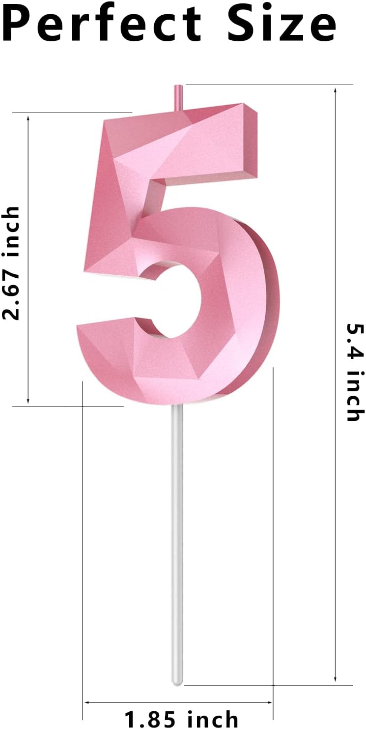 Number Birthday Candles(5 Candle Pink) 3D Diamond Shape 5th Happy Birthday Cake Topper Decorations for Girl Women Birthday Wedding Anniversary Celebration Theme Party Supplies