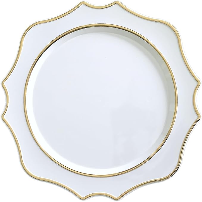 " OCCASIONS " 10 Pieces 13.25'' Scalloped Disposable/Reusable Plastic Charger Plates for Wedding, (Scalloped Imperial White & Gold)