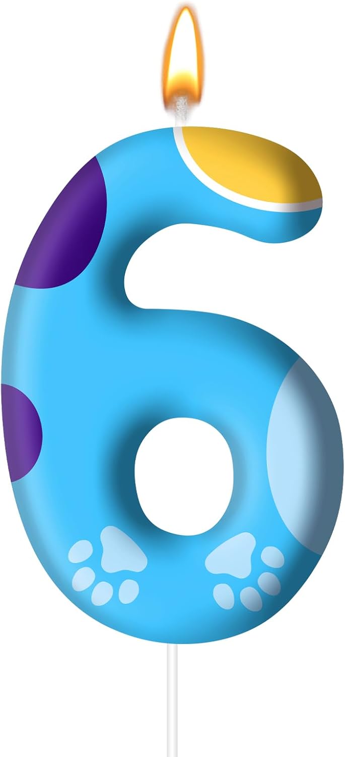 Blue Dog Paw Birthday Candles Cake Topper Numeral Birthday Candles for Boy Girl Dog Paw Decoration(Number 6)