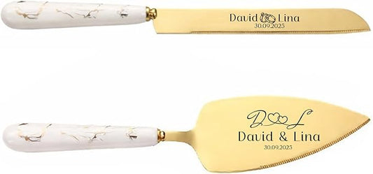 Personalized Gold Wedding Cake Knife and Server Set - Custom Engraved Stainless Steel Cake Pie Pastry Servers Cutting Cutter Set with Marble Pattern, Gift for Wedding Anniversary Birthday Christmas